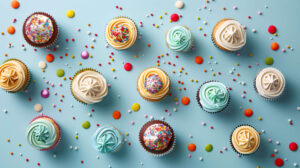 A lively wallpaper showcases cupcakes with vibrant sprinkles on a light blue backdrop for a playful and celebratory vibe