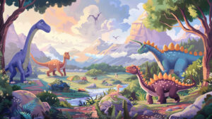 A lively wallpaper showcasing adorable and vivid dinosaurs engaged in playful interactions within a prehistoric setting