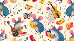 A lively wallpaper showcasing cartoon rats participating in different activities such as munching on cheese perusing books and playing musical instruments