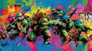 A lively wallpaper showcasing the Ninja Turtles in dynamic action stances against a graffiti style backdrop