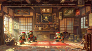 A lively wallpaper showing the Ninja Turtles honing their skills at the dojo with Master Splinter amidst various martial arts gear