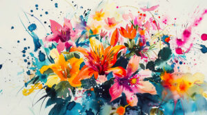 A lively watercolor wallpaper featuring a bouquet of flowers bursting with vivid hues and dynamic brushwork that captures a feeling of energy and liveliness