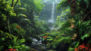 A lush tropical jungle scene with vibrant green foliage, exotic flowers, and hidden waterfalls creating a sense of adventure and mystery