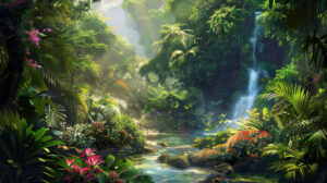 A lush wallpaper of a tropical jungle alive with vibrant green foliage exotic flowers and hidden waterfalls evoking a feeling of excitement and intrigue