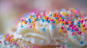 A macro shot of sprinkles on a frosted cake, with the textures and colors in sharp focus against a soft, blurred background