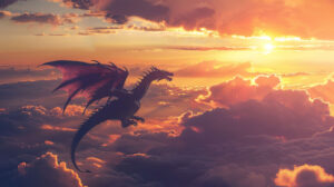 A magnificent dragon flies high wings outstretched casting a striking silhouette against the vivid sunset in the background