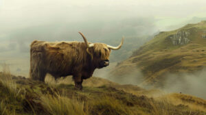 A majestic Highland cow with long shaggy fur stands in a misty Scottish landscape its horns gracefully curving against rolling hills in the backdrop