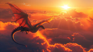 A majestic dragon gracefully flies high among the clouds its outstretched wings casting a striking silhouette against a vibrant sunset backdrop in the wallpaper
