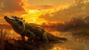 A majestic portrait of a crocodile standing on a riverbank, the setting sun casting a golden glow on its rugged scales