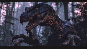 A menacing velociraptor in a dark mysterious forest featuring its sharp claws and teeth captured in a close up shot for a wallpaper