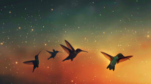 A mesmerizing wallpaper captures the serene beauty of hummingbirds softly glowing against a twilight sky with stars starting to twinkle in the background