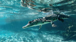 A mesmerizing wallpaper capturing a crocodile gracefully gliding through crystal clear blue water propelled by its strong tail with impeccable grace