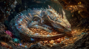 A mesmerizing wallpaper featuring a dragon in repose within a cavern encircled by gleaming hoards of treasure and jewels