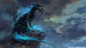 A mighty dragon with glowing eyes and shimmering blue and green scales perched on a rocky cliff under a stormy sky fills the wallpaper