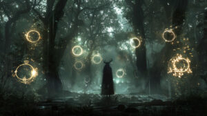 A mysterious wallpaper featuring a gothic witch performing spells in a dark forest with glowing runes and magical symbols adorning the scene