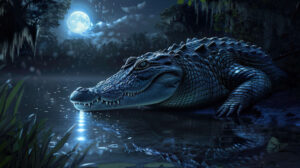 A night time scene of a crocodile silently gliding through a moonlit river, its eyes glowing in the darkness