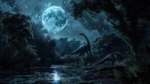 A nighttime scene of dinosaurs illuminated by the light of a full moon, creating a magical and mysterious atmosphere