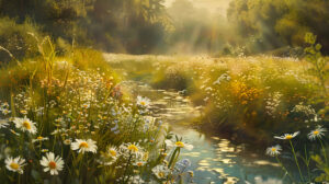 A peaceful country meadow captured in its full spring bloom alive with wildflowers buzzing bees and a tranquil stream meandering through its midst