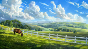 A peaceful image of a horse grazing in a green pasture, with a white fence and a backdrop of rolling hills and blue skies