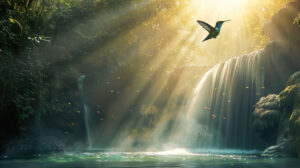A peaceful image of a hummingbird hovering near a waterfall, with mist and sunlight creating a magical atmosphere