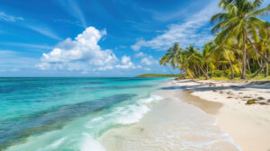 A peaceful wallpaper capturing a serene beach setting with gentle swaying palm trees clear turquoise waters and a soft sandy shore
