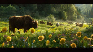 A peaceful wallpaper capturing a serene moment in nature Highland cows peacefully grazing in a sunlit meadow with wildflowers and tall grasses all around