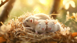 A peaceful wallpaper featuring a rat family snuggled together in a cozy nest crafted from soft shredded paper