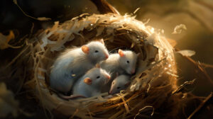 A peaceful wallpaper showcasing a rat family snuggled together in a nest crafted from soft shredded paper