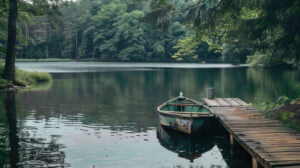 A peaceful wallpaper showcasing a serene country lake embraced by thick forests featuring a small rowboat anchored to a wooden pier