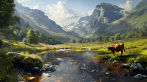 A picturesque Highland cow stands by a clear stream amidst mountains and lush greenery in the background in the wallpaper file named IdyllicHighlandLandscape.jpg