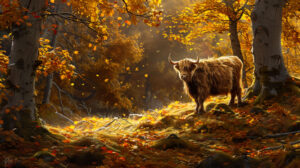 A picturesque autumn wallpaper showcases a majestic Highland cow in the midst of golden trees and fallen leaves its fur harmonizing beautifully with the seasonal colors