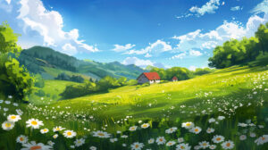 A picturesque countryside scene with rolling green hills, a quaint farmhouse, and a field of wildflowers under a bright blue sky