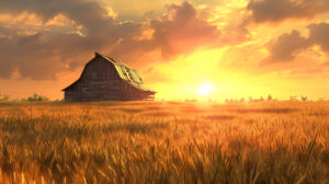 A picturesque scene featuring a quaint barn amidst golden wheat fields with the sun setting in the distance captured in rustic barn sunset wallpaper.jpg