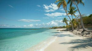 A picturesque scene of a serene beach with swaying palm trees clear turquoise waters and a soft sandy shore is captured in this wallpaper