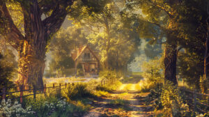 A picturesque wallpaper capturing a serene country lane bordered by towering trees guiding towards a charming cottage embraced by vibrant gardens