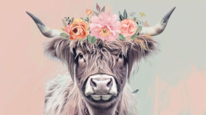A playful Highland cow adorned with a floral crown against a soft pastel backdrop creating a whimsical and cheerful wallpaper