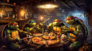A playful cartoon style wallpaper featuring the Ninja Turtles enjoying a pizza party in their underground hideout