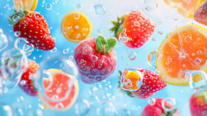 A playful depiction of fruits immersed in a bubble filled sea exuding a lively and invigorating atmosphere wallpaper title Fruitful Bubbles
