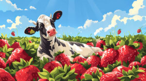 A playful design featuring a strawberry cow lounging in a field of giant strawberries, with a bright blue sky overhead