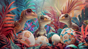 A playful design featuring baby dinosaurs hatching from eggs, set against a backdrop of colorful prehistoric plants