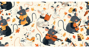 A playful design featuring cartoon rats engaged in various activities like nibbling cheese, reading books, and playing instruments