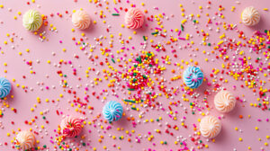 A playful design featuring colorful sprinkles scattered across a pastel pink background, evoking the fun and sweetness of a celebration