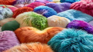 A playful design with colorful fur tufts arranged in a whimsical pattern, adding a fun and vibrant touch