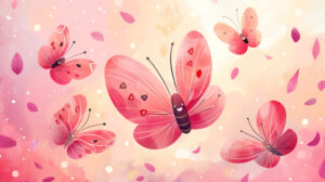 A playful illustration of cartoon style pink butterflies with happy faces, set against a pastel background for a cheerful effect