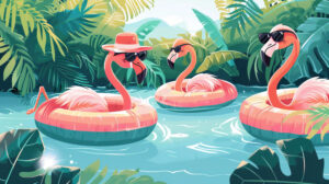 A playful illustration of flamingos wearing sunglasses and sun hats, lounging on inflatable pool floats in a tropical paradise