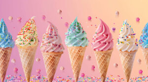 A playful wallpaper displaying ice cream cones adorned with sprinkles pastel colored scoops and whimsical patterns in a striking composition