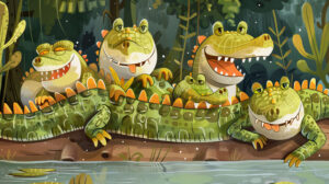 A playful wallpaper featuring a whimsical portrayal of a collection of crocodiles reclining on a riverbank each uniquely exaggerated for a fun twist