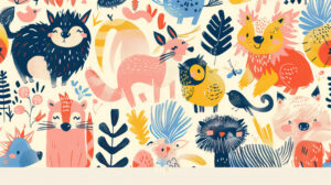 A playful wallpaper showcases cartoon animals donning exaggerated fluffy fur against a cheerful background in a lighthearted setting