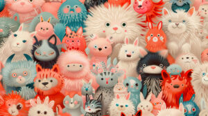 A playful wallpaper showcasing cartoon animals with exaggerated fluffy fur on a cheerful background