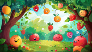 A playful wallpaper with cartoon style fruits smiling and interacting in a cheerful orchard setting